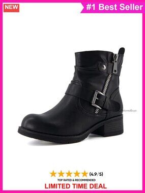 Motorcycle Ankle Boots Faux Leather with Zipper Buckle Memory Foam